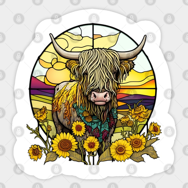 Sunflower Stained Glass Highland Cow #9 Sticker by Chromatic Fusion Studio